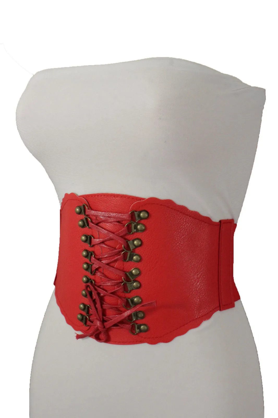 Elastic Faux Leather Wide Corset Belt Slimming Front Tie Gold S M