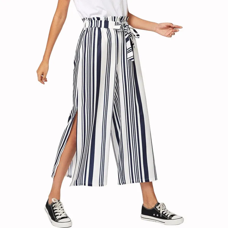 Fashion High Waist Striped Split Wide Leg Pants