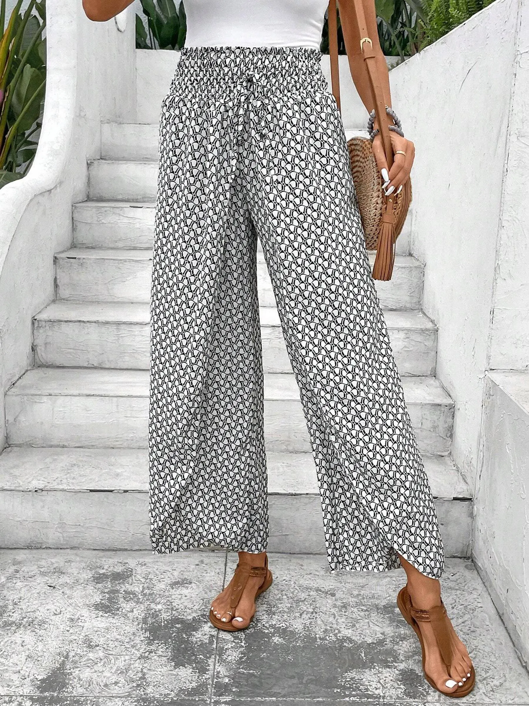 Fashionable Floral Side Slit Wide Leg Pants