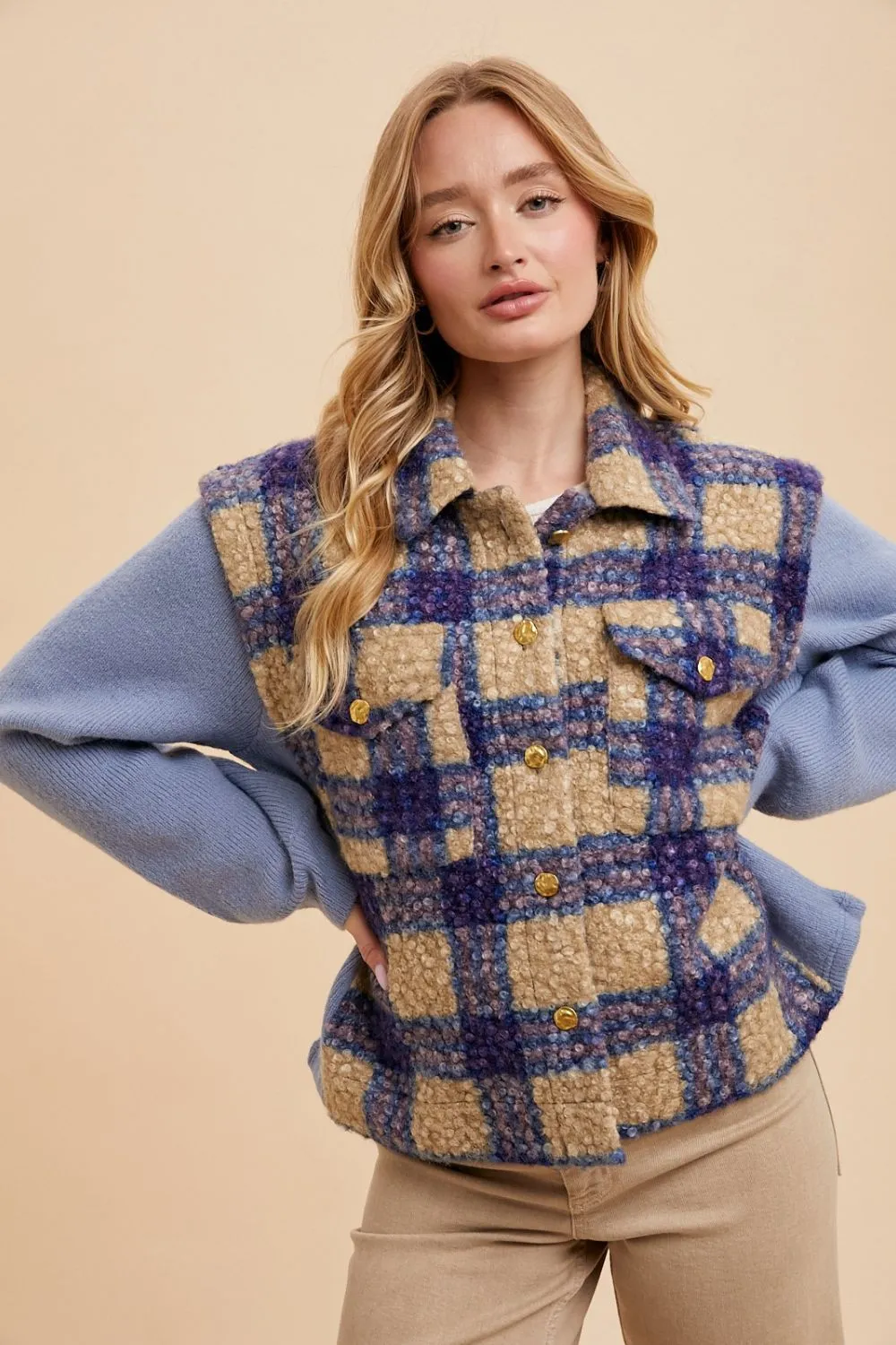 Faux Fur Plaid Button Up Jacket