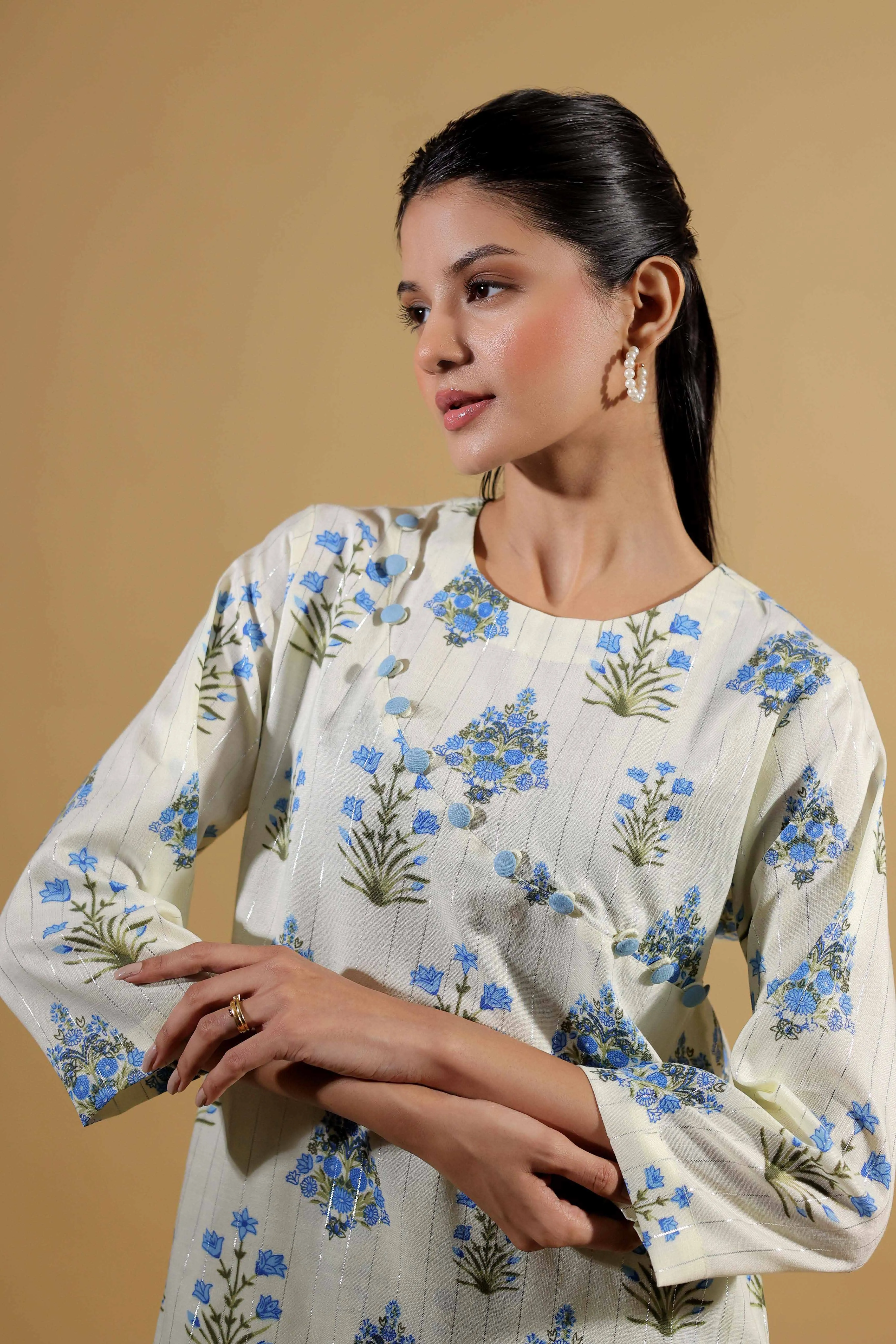 Floral Print Beige Kurti Set