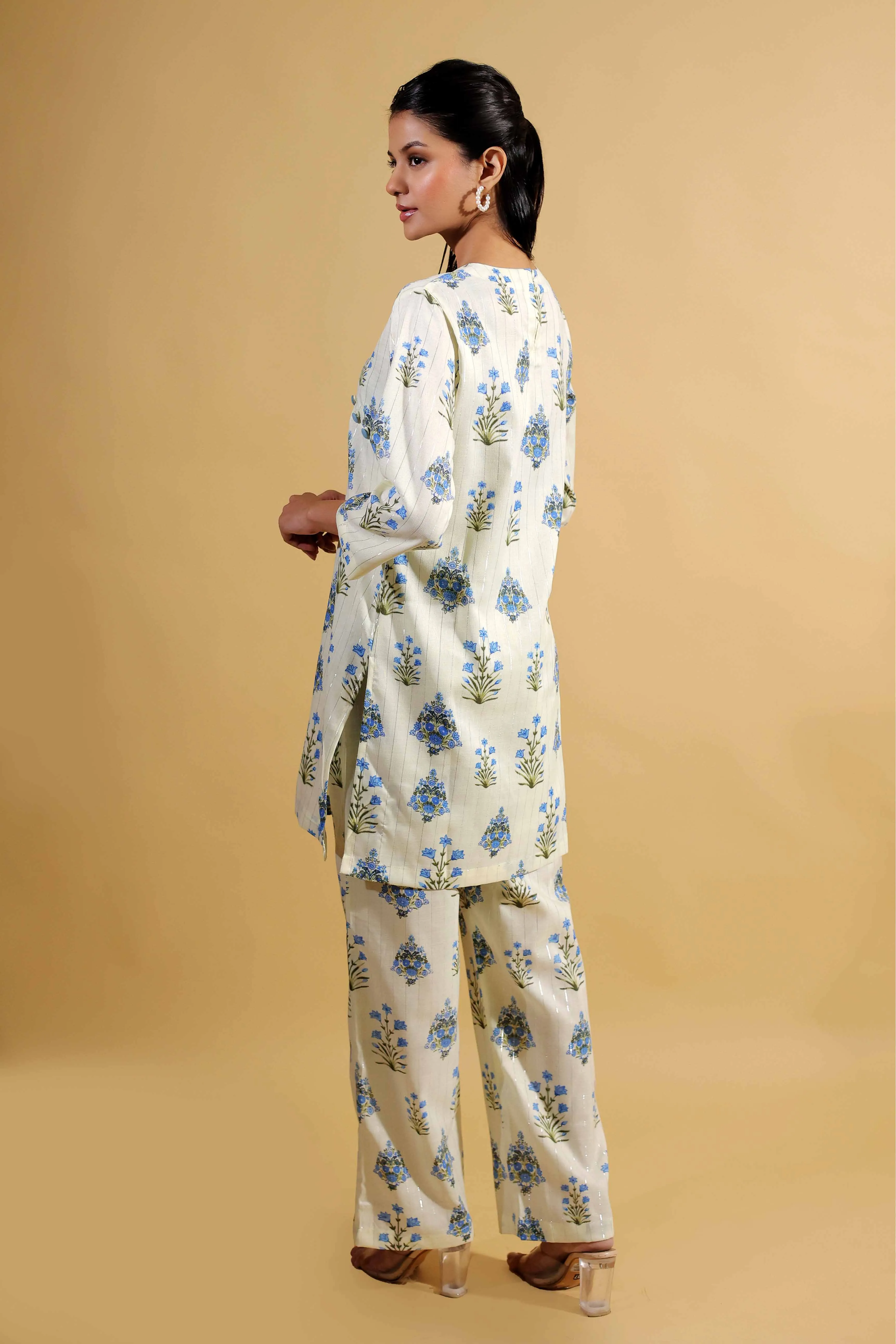 Floral Print Beige Kurti Set