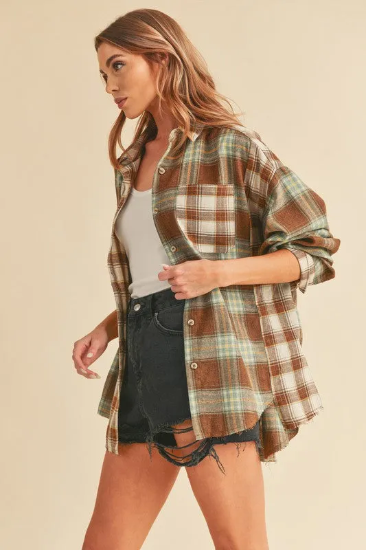Frayed Hem Plaid Button Up Flannel Shirt