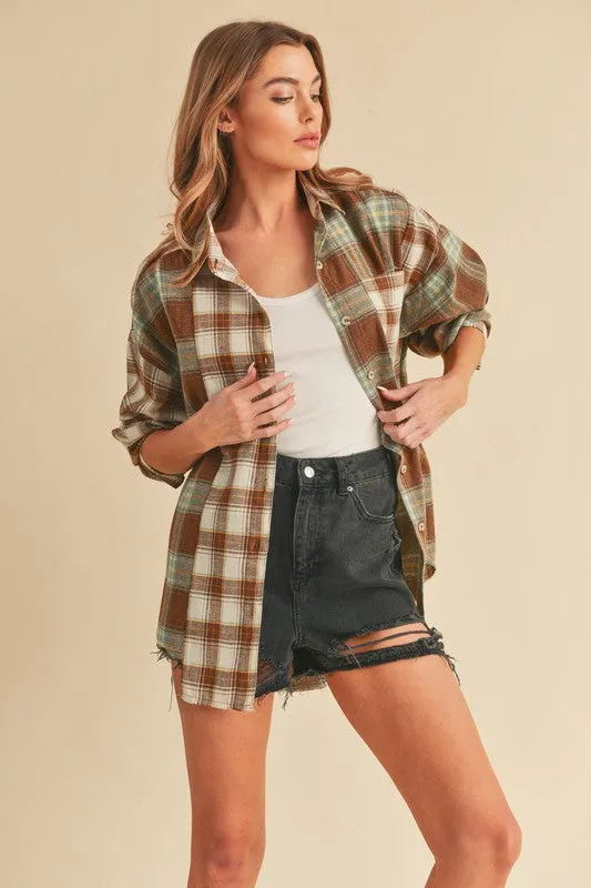 Frayed Hem Plaid Button Up Flannel Shirt