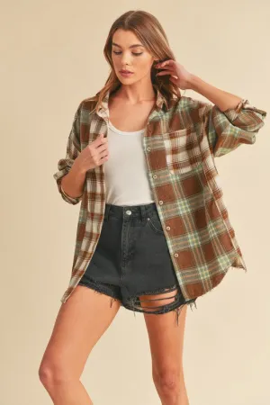 Frayed Hem Plaid Button Up Flannel Shirt
