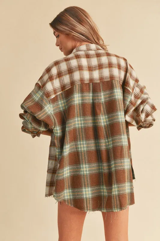 Frayed Hem Plaid Button Up Flannel Shirt