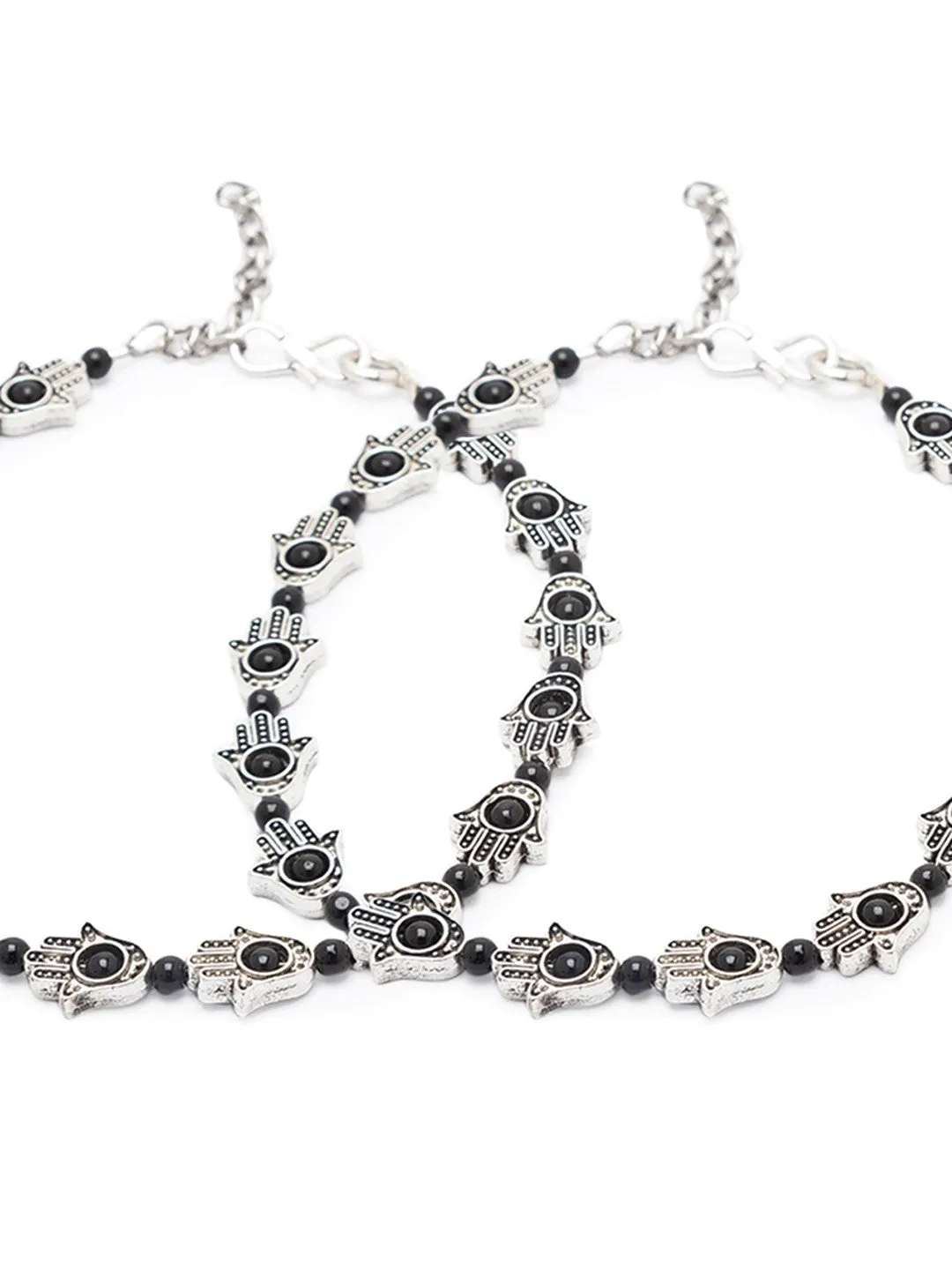 German Oxidised Silver Anklets Ethnic Black Hamsa Beads Payal Silver Plating Paijan Foot Jewellery