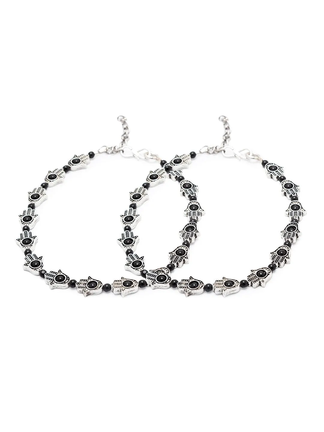 German Oxidised Silver Anklets Ethnic Black Hamsa Beads Payal Silver Plating Paijan Foot Jewellery