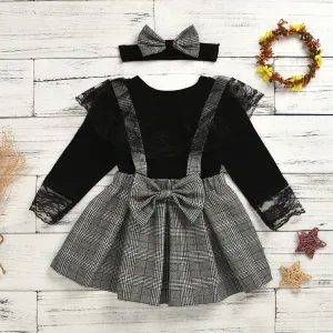 Girls suits plaid suspenders lace lace skirt pants