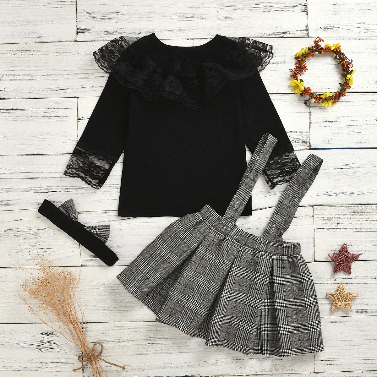 Girls suits plaid suspenders lace lace skirt pants