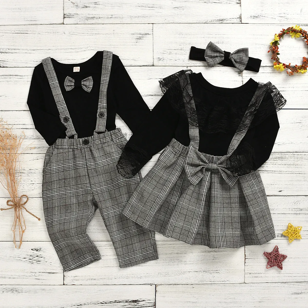 Girls suits plaid suspenders lace lace skirt pants