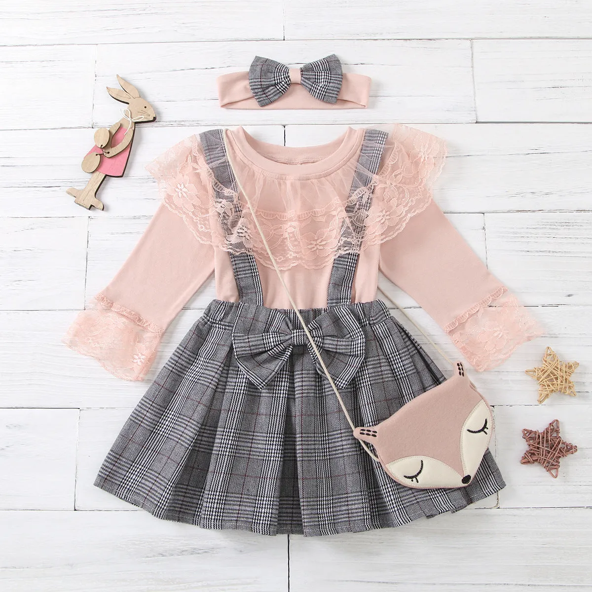 Girls suits plaid suspenders lace lace skirt pants