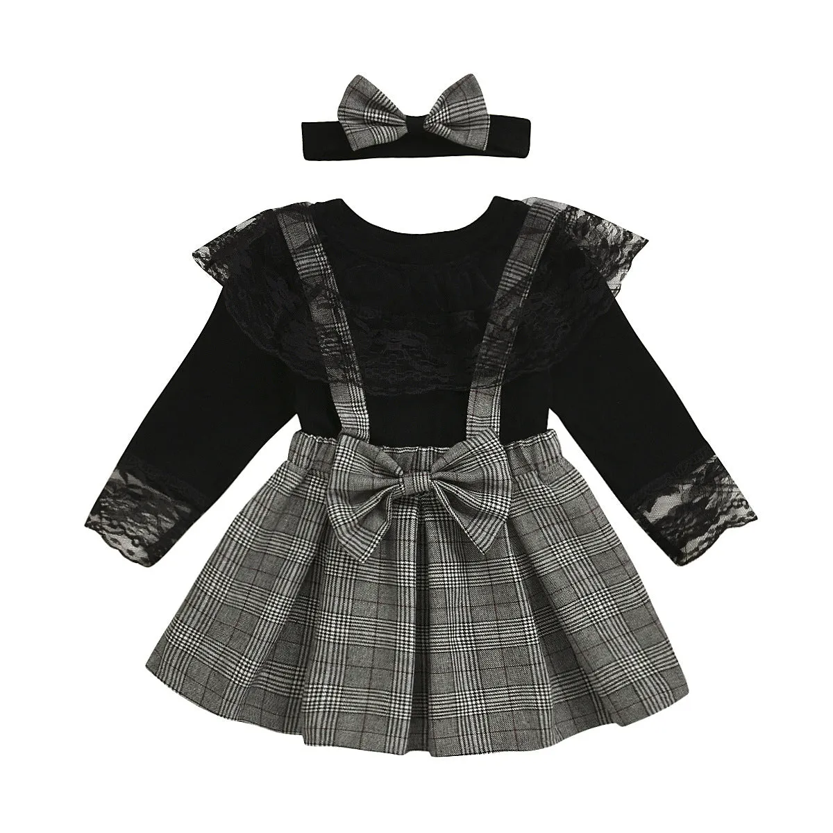 Girls suits plaid suspenders lace lace skirt pants