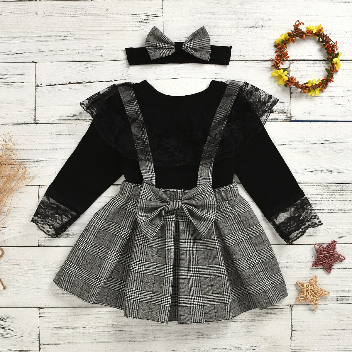 Girls suits plaid suspenders lace lace skirt pants