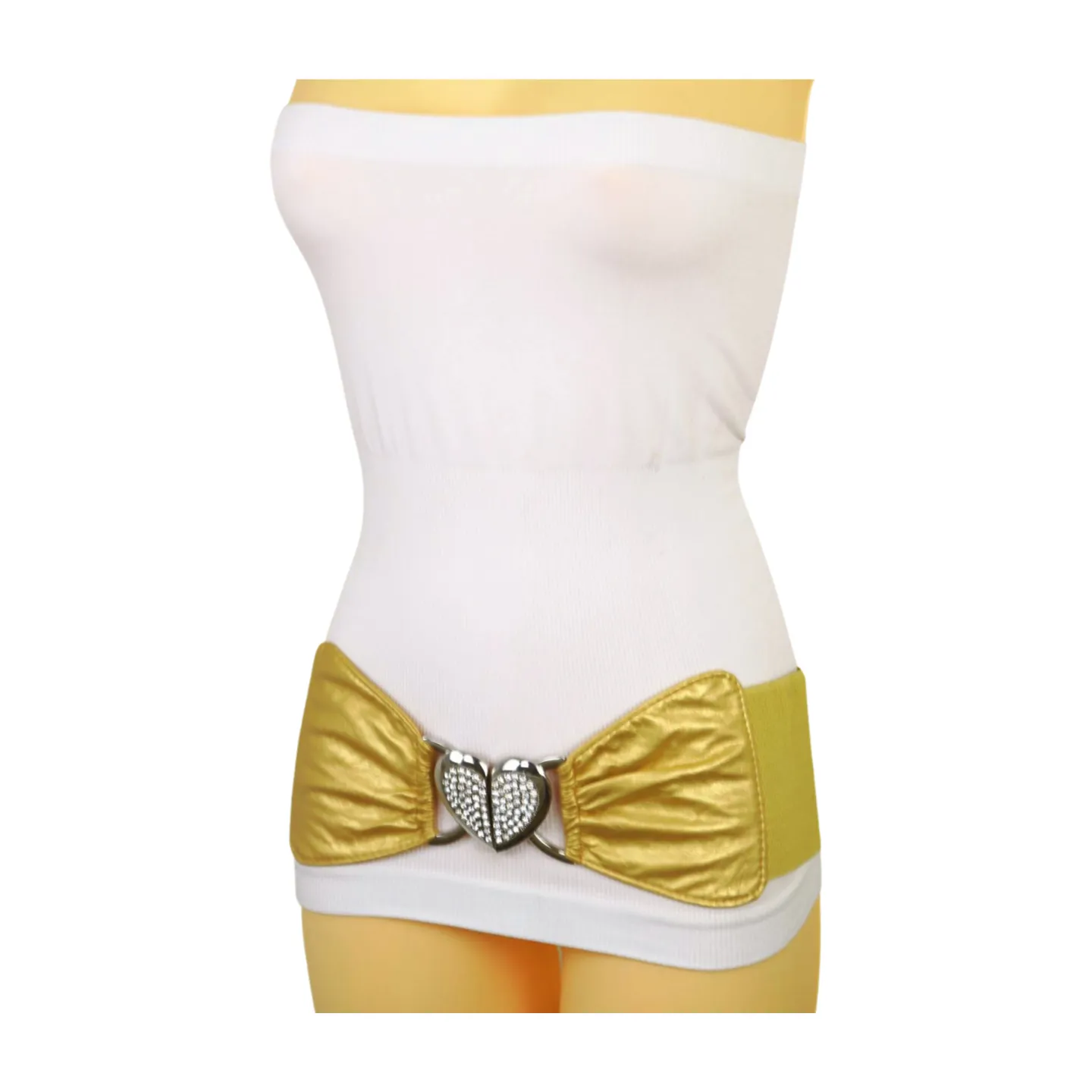 Gold Faux Leather Fashion Elastic Band Belt Love Heart Metal Buckle S M