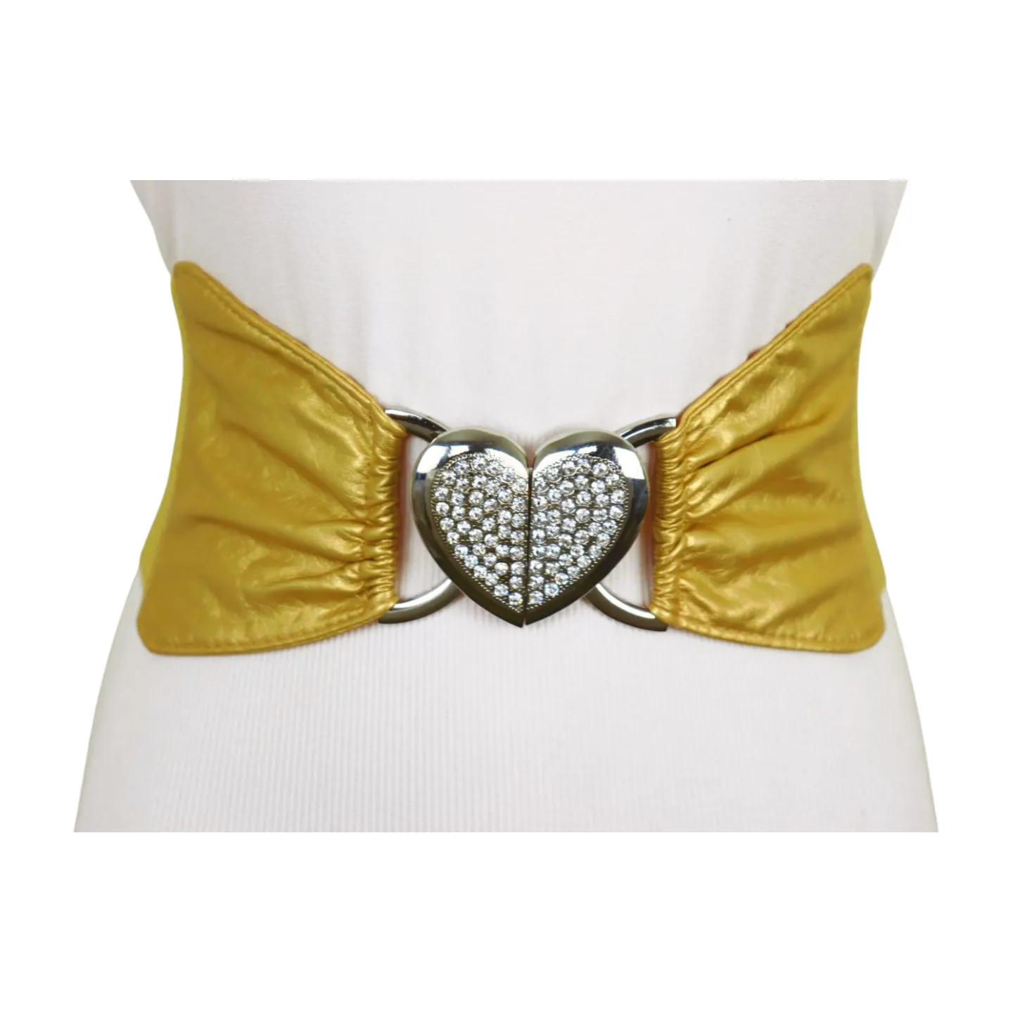 Gold Faux Leather Fashion Elastic Band Belt Love Heart Metal Buckle S M