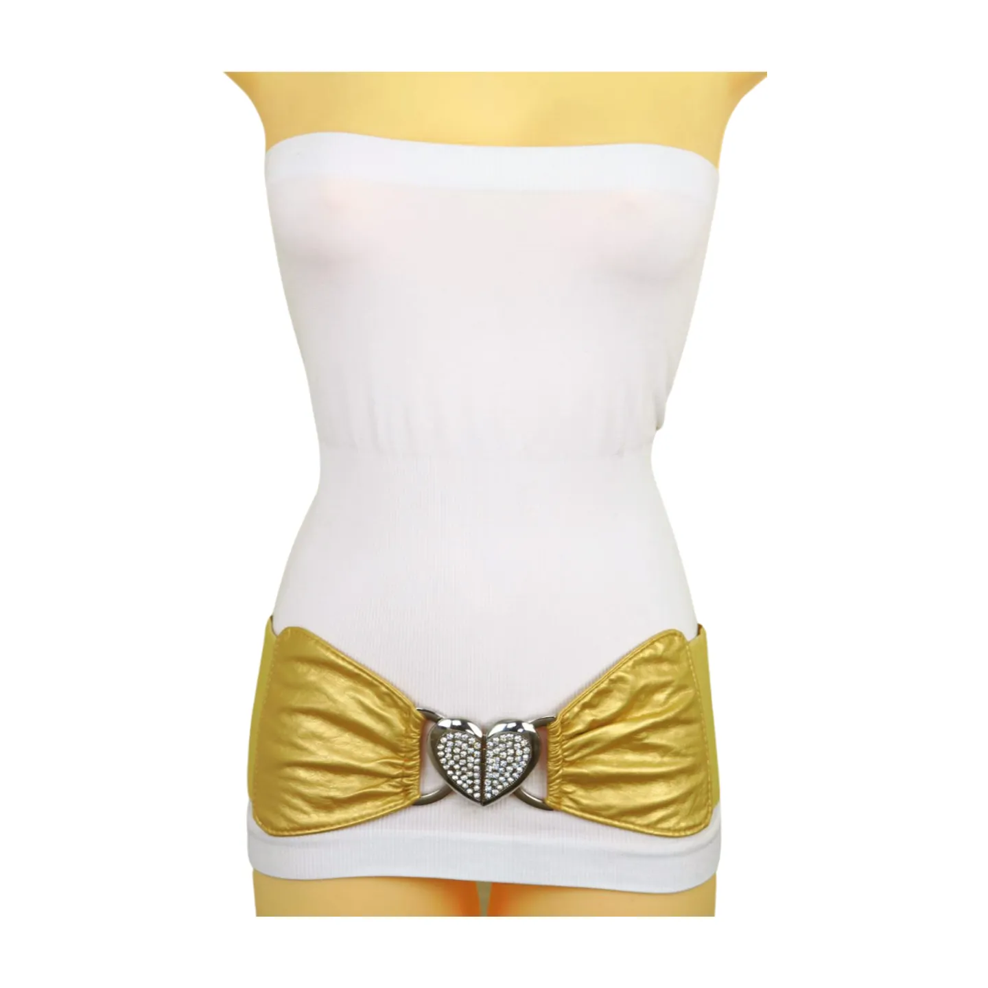 Gold Faux Leather Fashion Elastic Band Belt Love Heart Metal Buckle S M