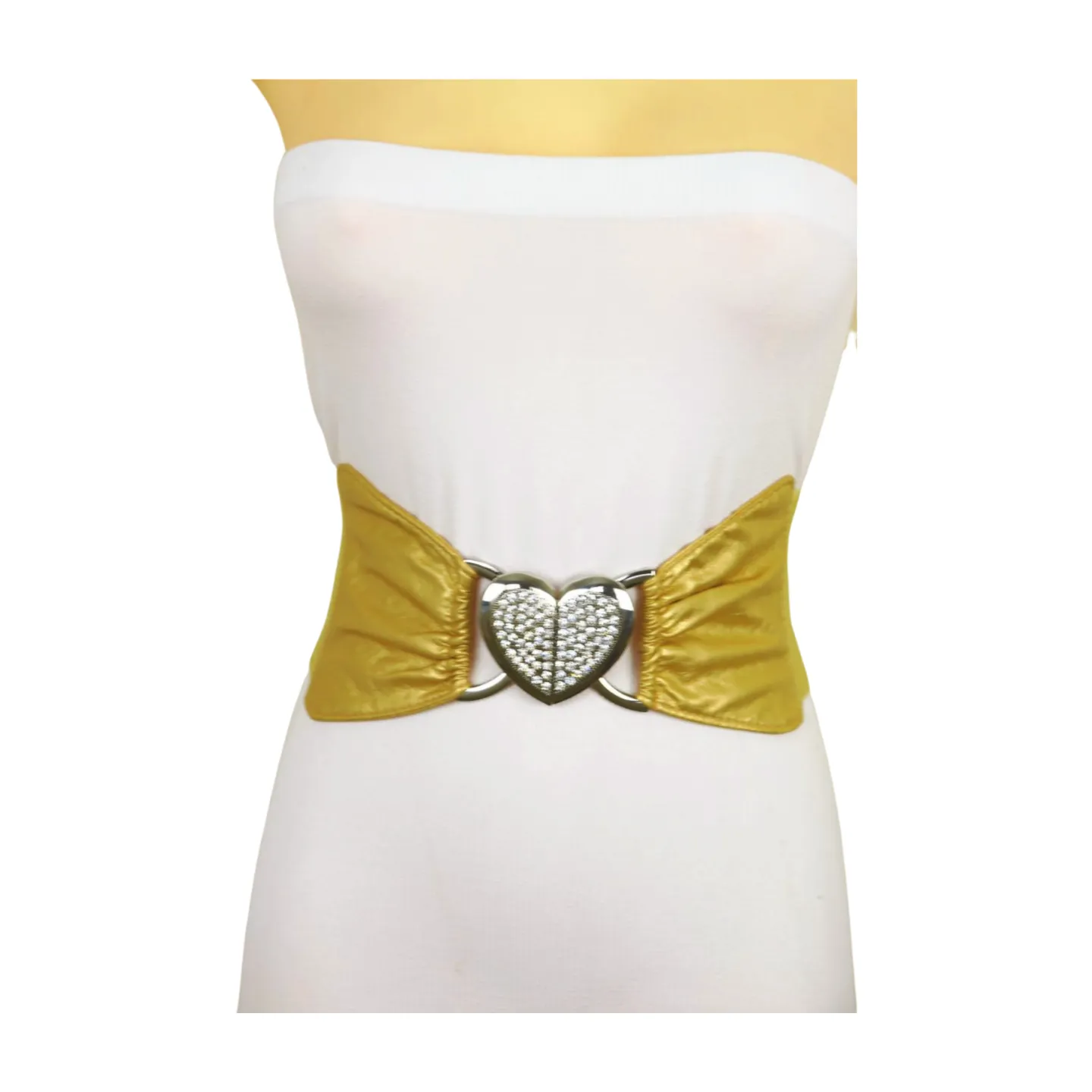 Gold Faux Leather Fashion Elastic Band Belt Love Heart Metal Buckle S M