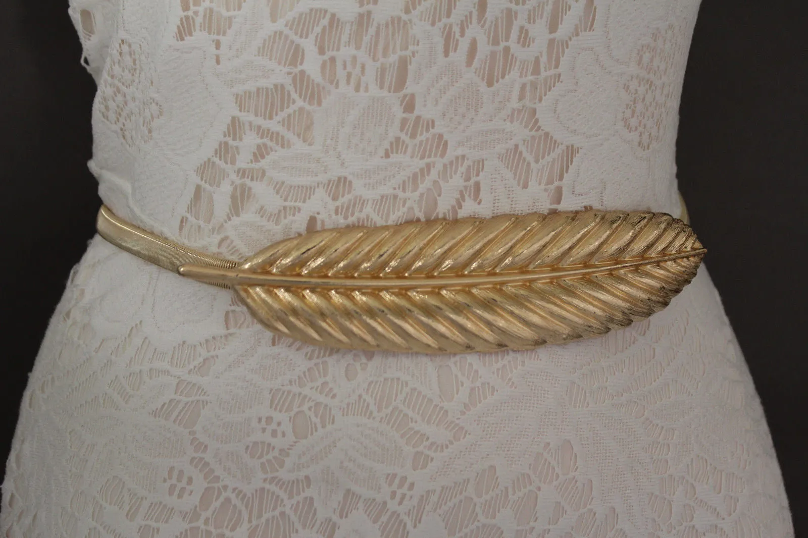Gold Silver Metal Band Elastic Stretch Narrow Sexy Belt Long Leaf Buckle S M L