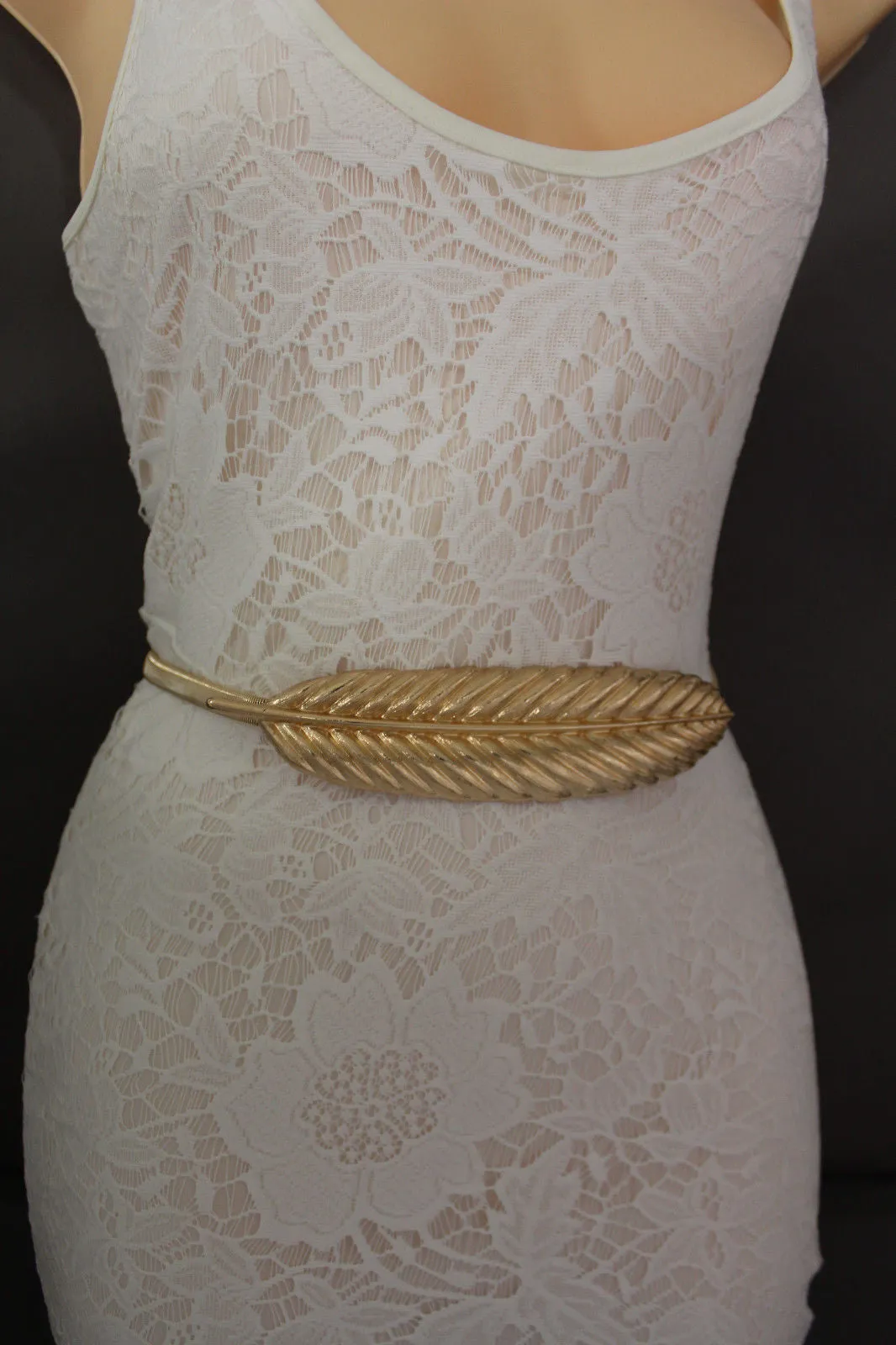 Gold Silver Metal Band Elastic Stretch Narrow Sexy Belt Long Leaf Buckle S M L