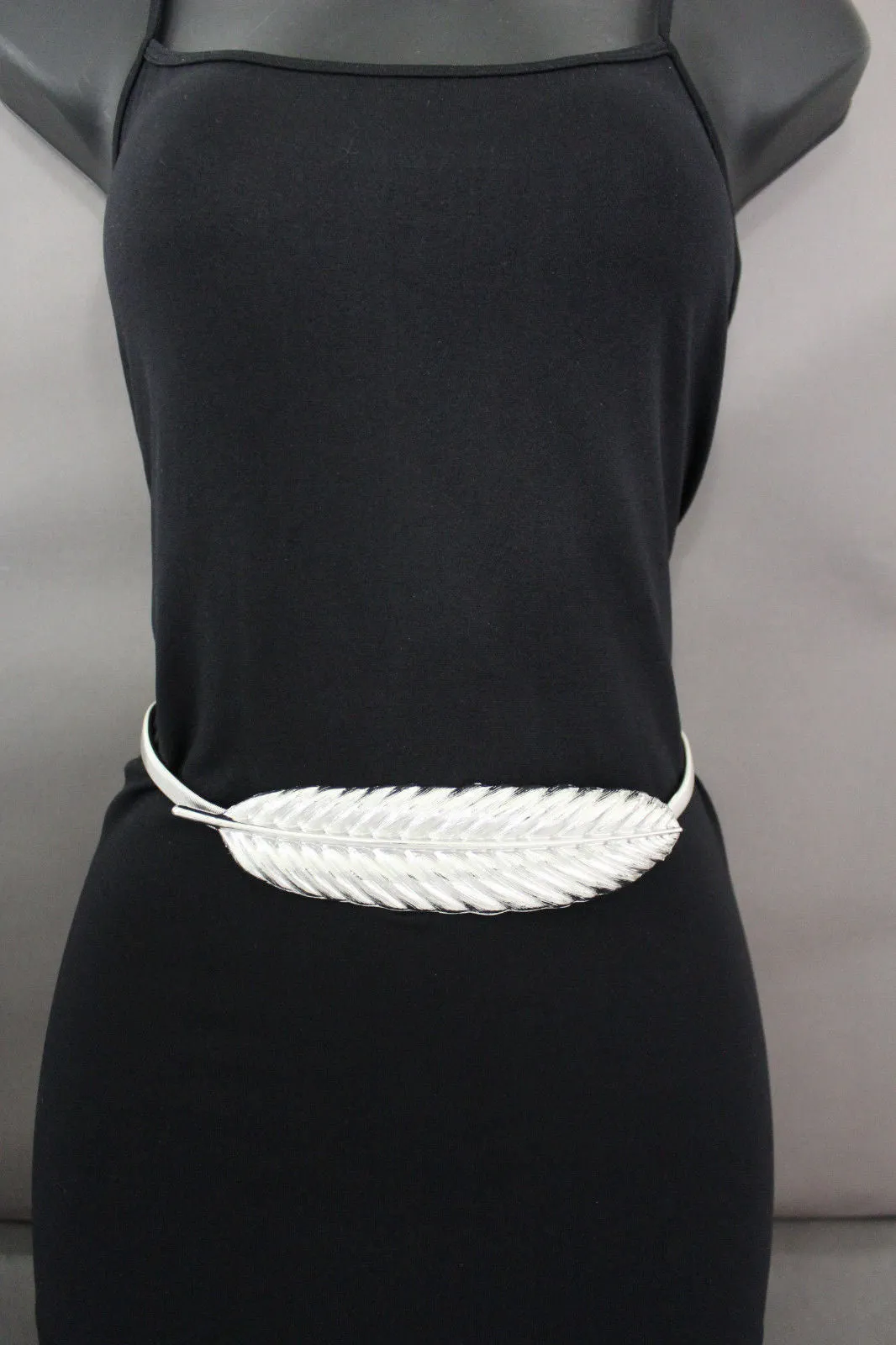 Gold Silver Metal Band Elastic Stretch Narrow Sexy Belt Long Leaf Buckle S M L
