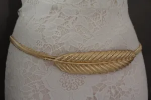 Gold Silver Metal Band Elastic Stretch Narrow Sexy Belt Long Leaf Buckle S M L