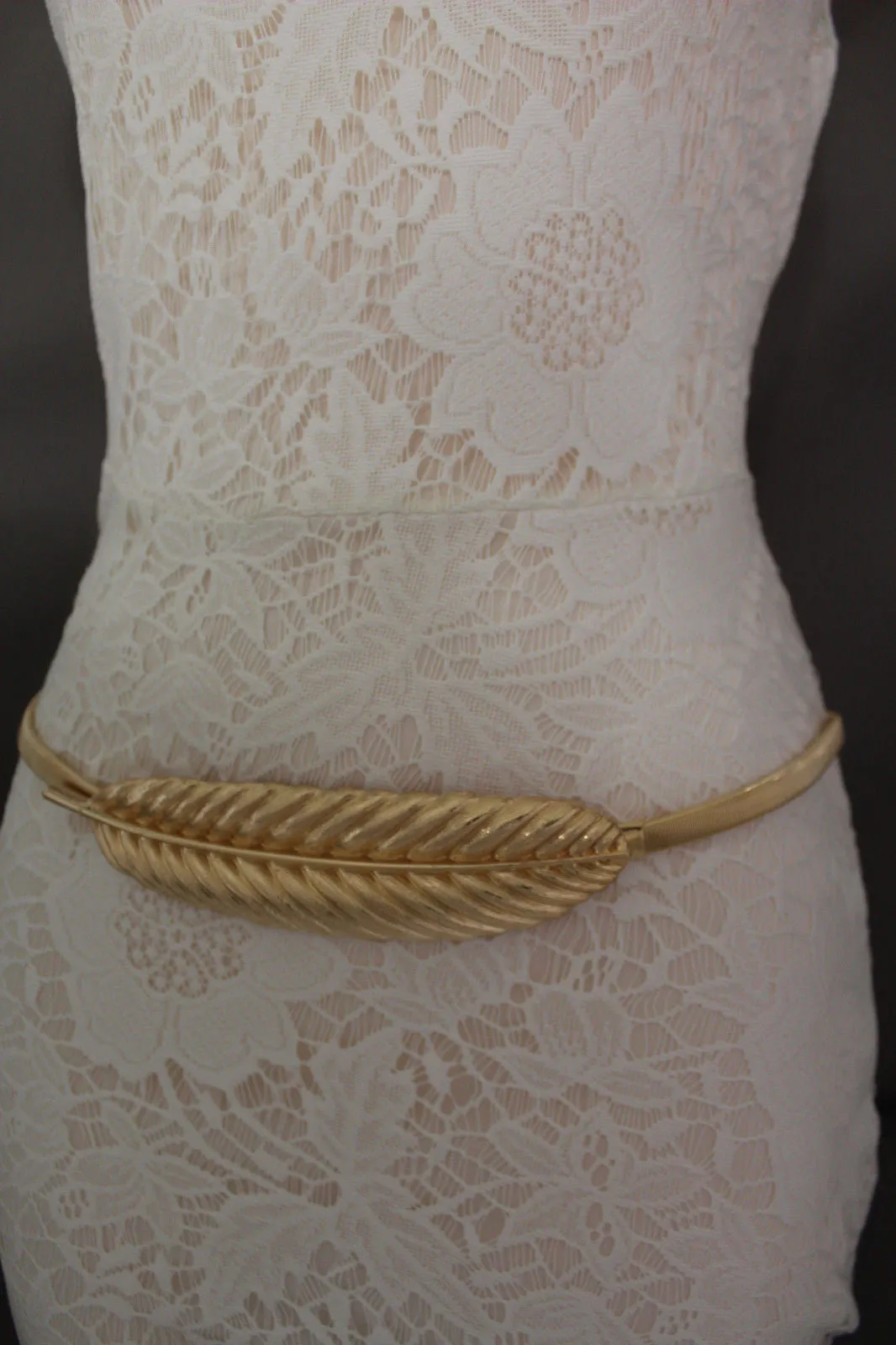 Gold Silver Metal Band Elastic Stretch Narrow Sexy Belt Long Leaf Buckle S M L