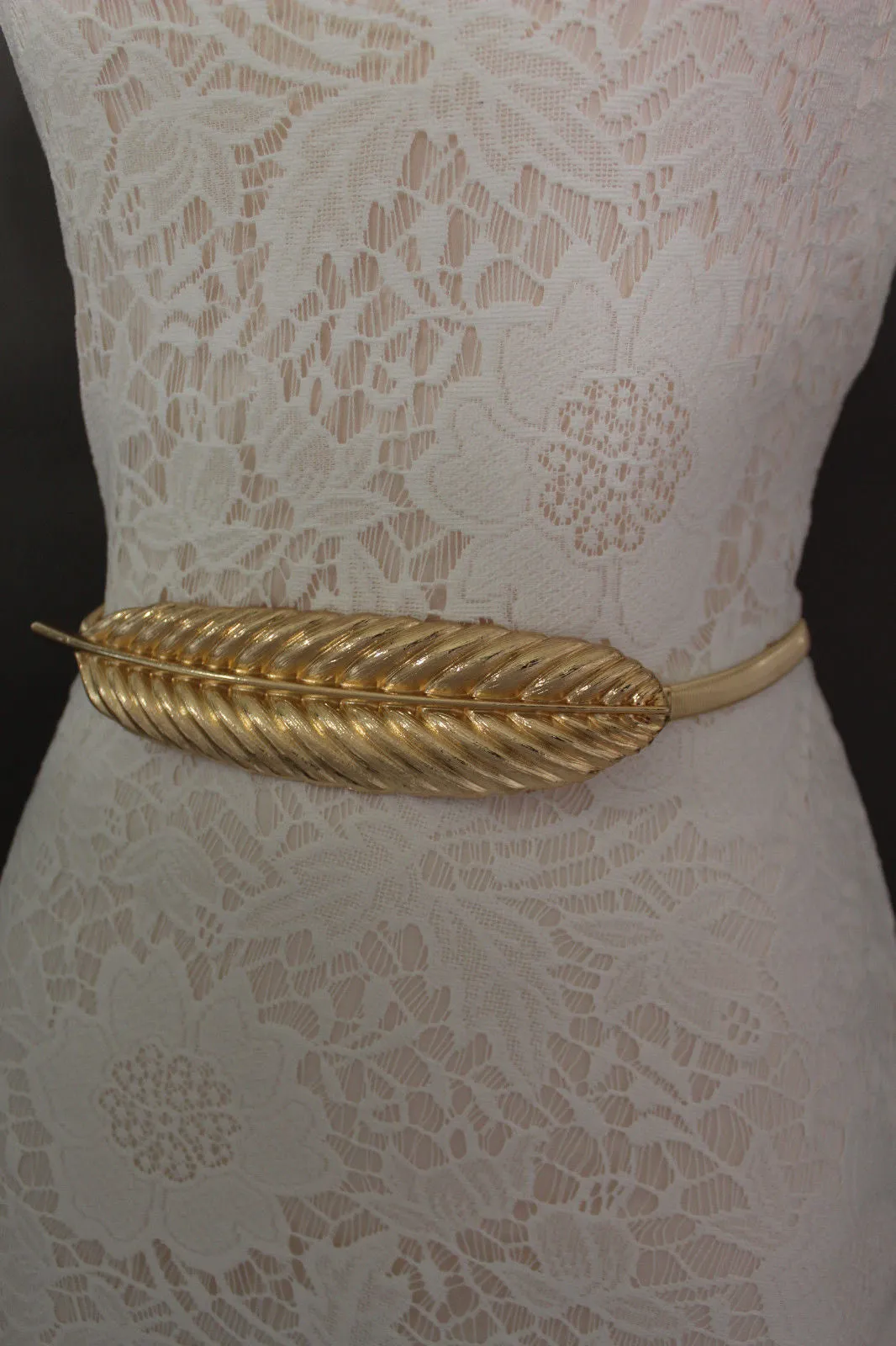 Gold Silver Metal Band Elastic Stretch Narrow Sexy Belt Long Leaf Buckle S M L