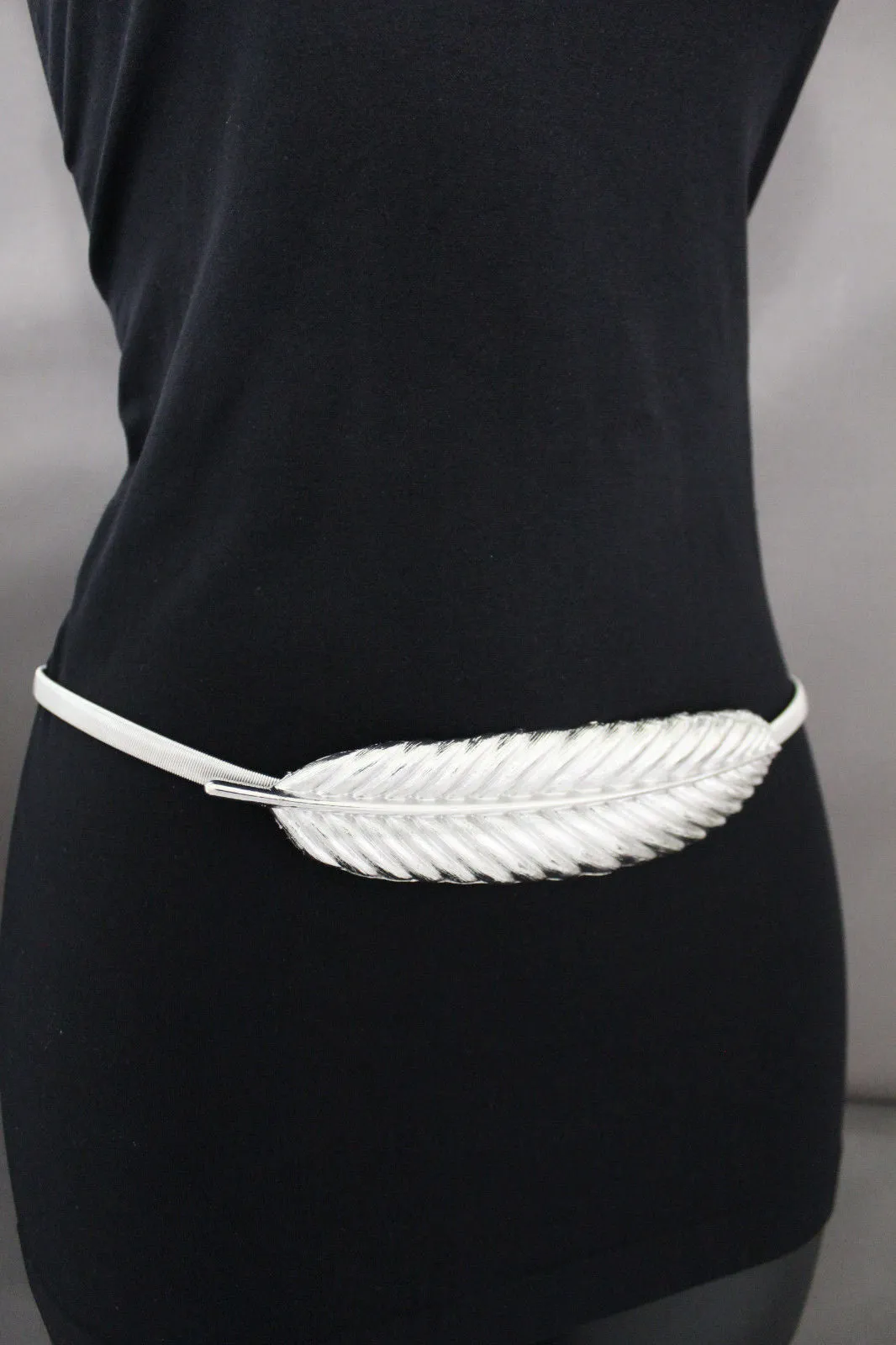 Gold Silver Metal Band Elastic Stretch Narrow Sexy Belt Long Leaf Buckle S M L