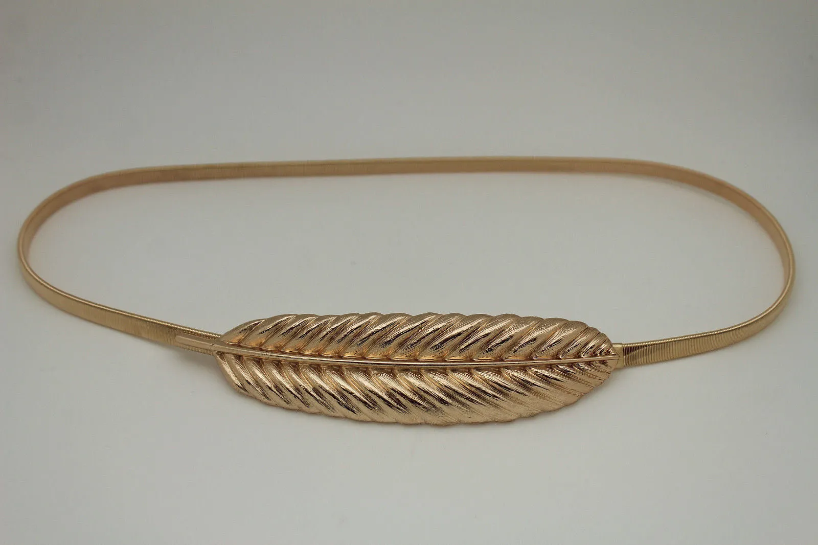 Gold Silver Metal Band Elastic Stretch Narrow Sexy Belt Long Leaf Buckle S M L