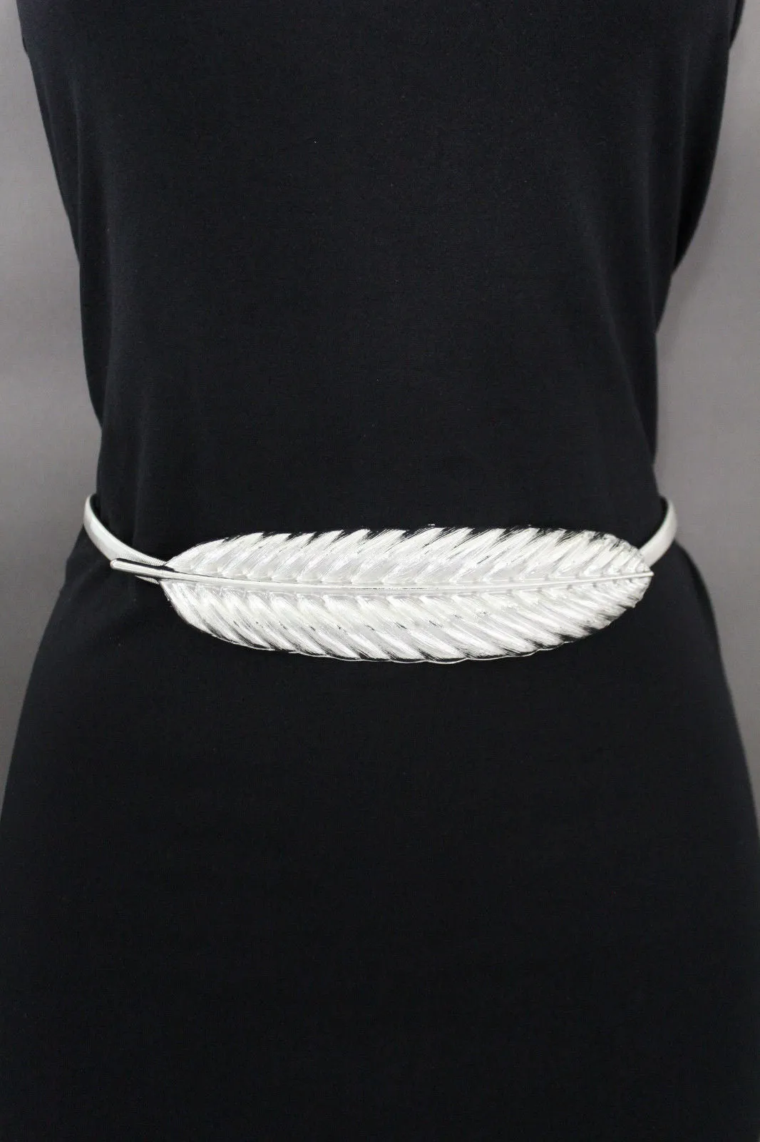 Gold Silver Metal Band Elastic Stretch Narrow Sexy Belt Long Leaf Buckle S M L