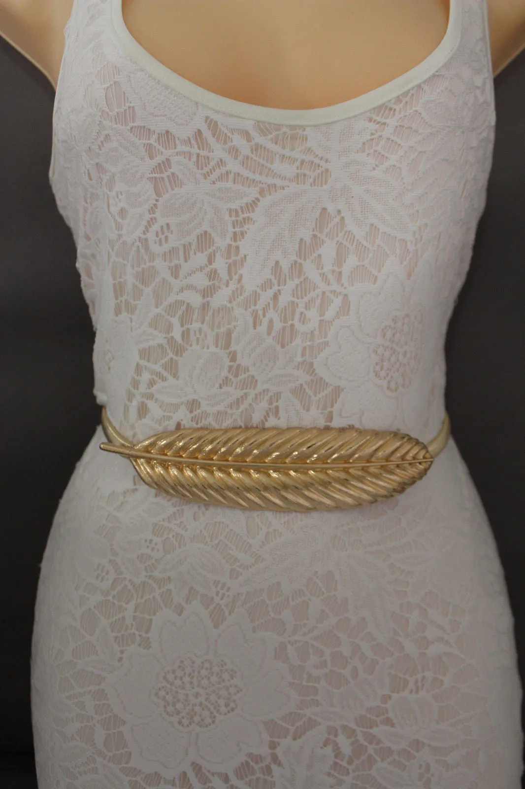 Gold Silver Metal Band Elastic Stretch Narrow Sexy Belt Long Leaf Buckle S M L