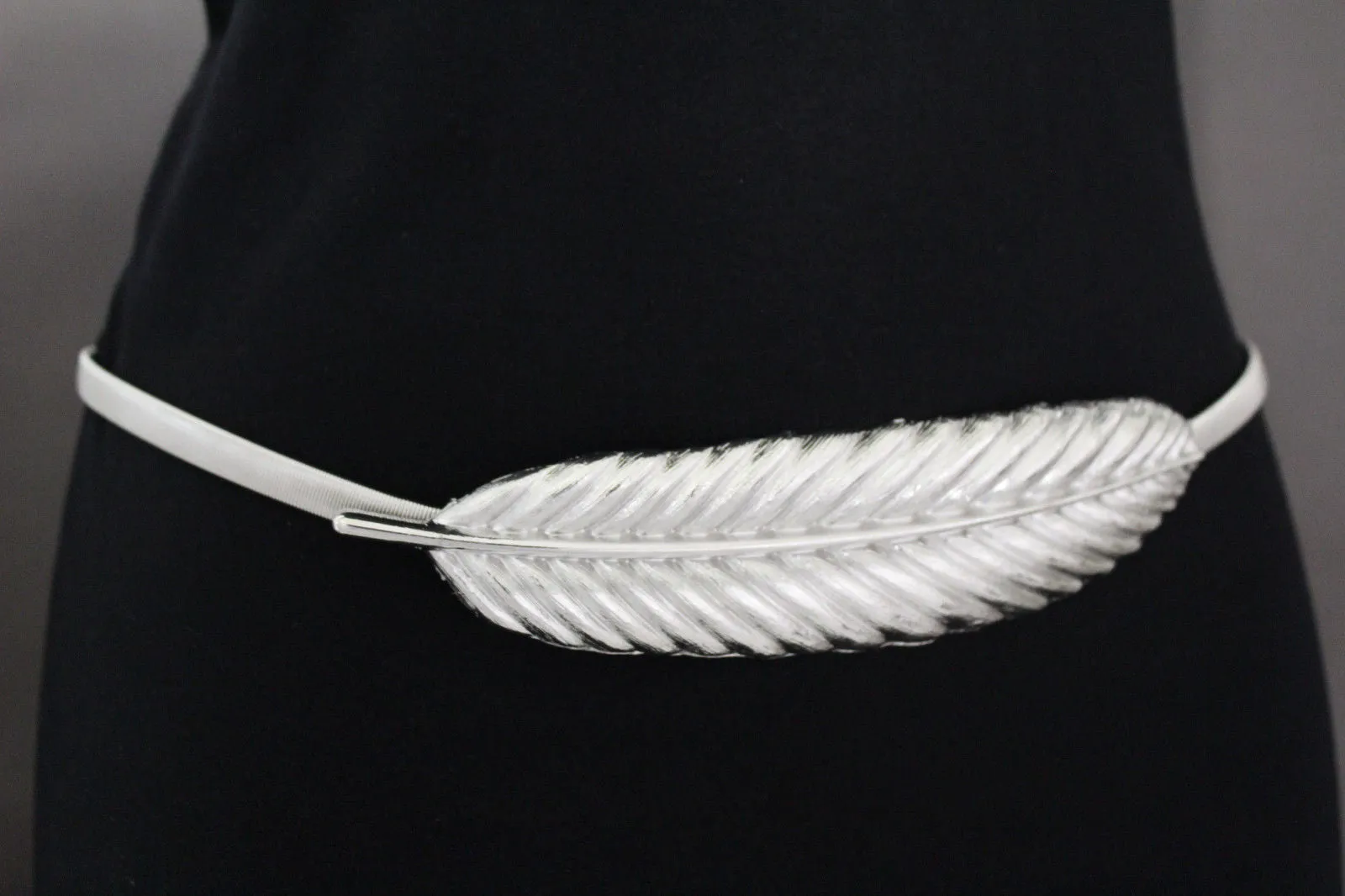 Gold Silver Metal Band Elastic Stretch Narrow Sexy Belt Long Leaf Buckle S M L