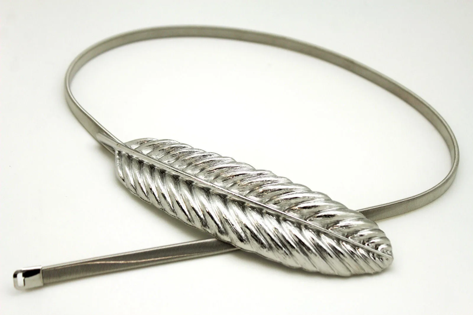 Gold Silver Metal Band Elastic Stretch Narrow Sexy Belt Long Leaf Buckle S M L