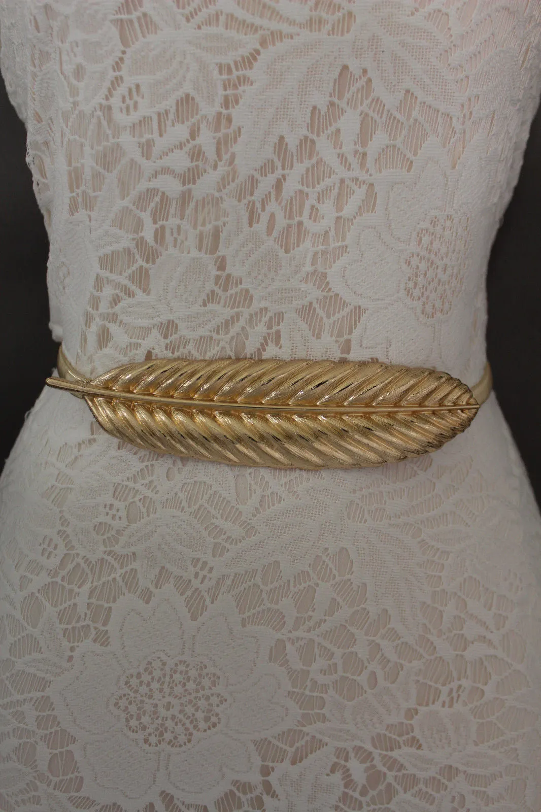 Gold Silver Metal Band Elastic Stretch Narrow Sexy Belt Long Leaf Buckle S M L