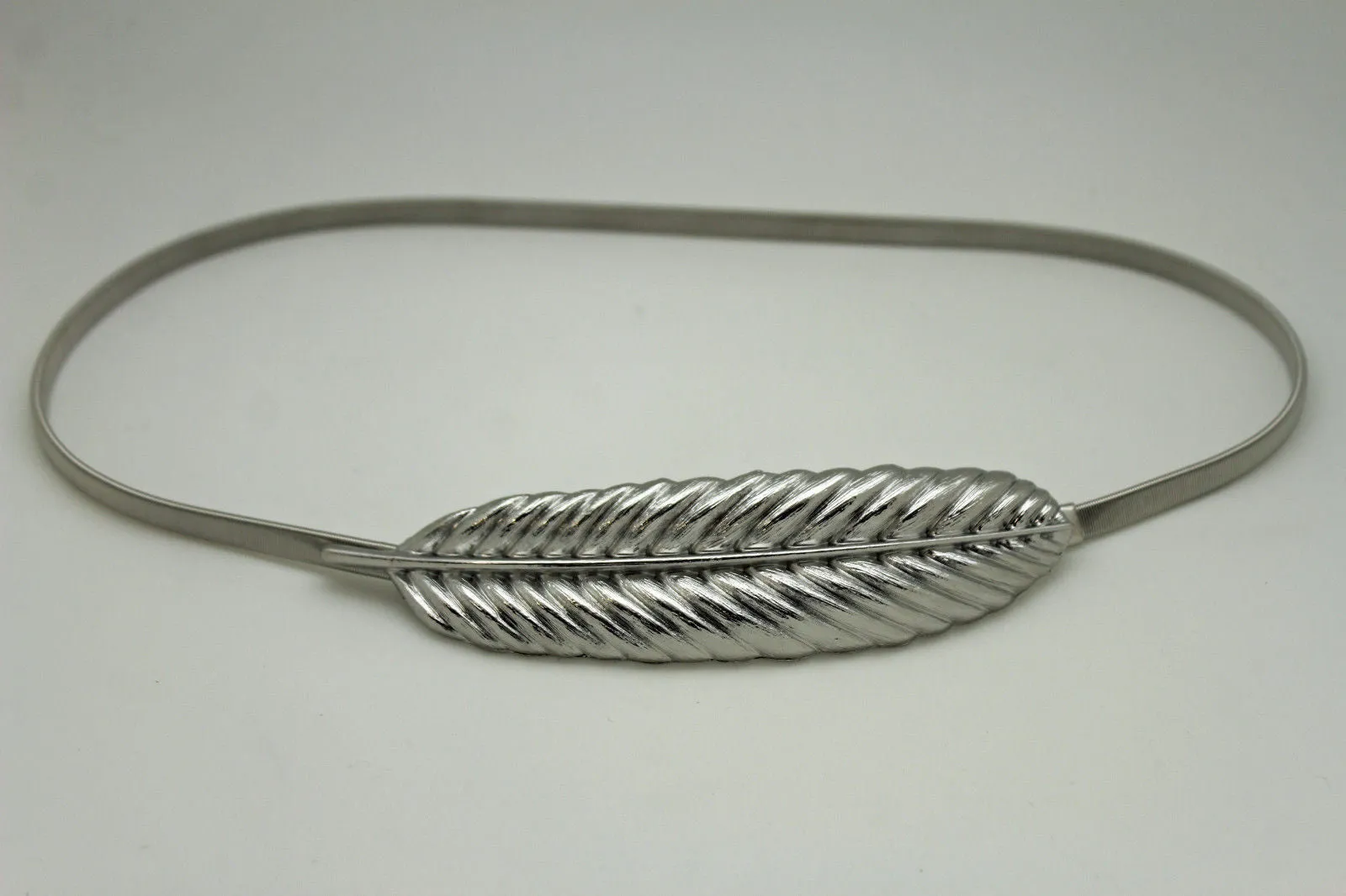 Gold Silver Metal Band Elastic Stretch Narrow Sexy Belt Long Leaf Buckle S M L