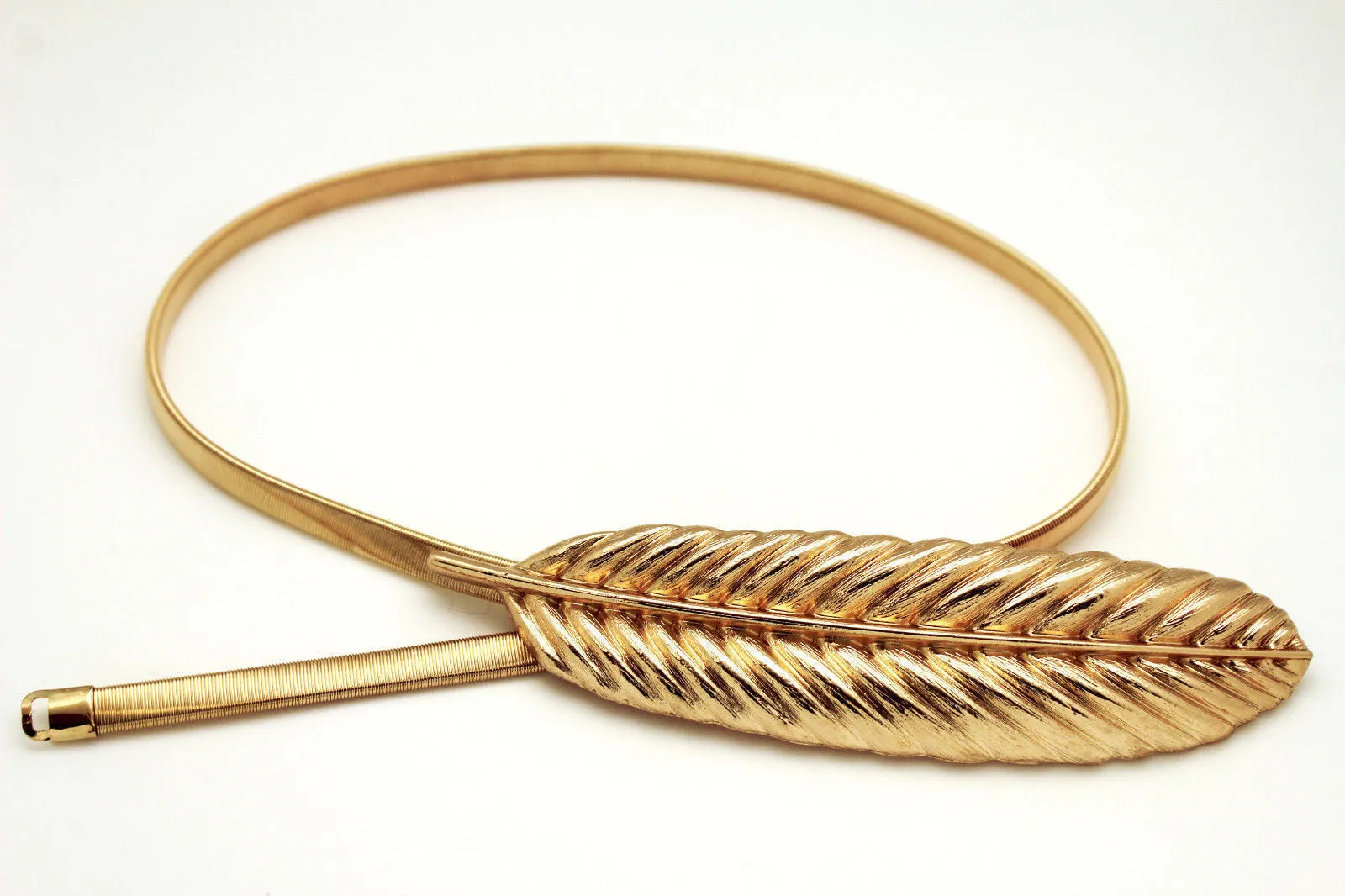 Gold Silver Metal Band Elastic Stretch Narrow Sexy Belt Long Leaf Buckle S M L
