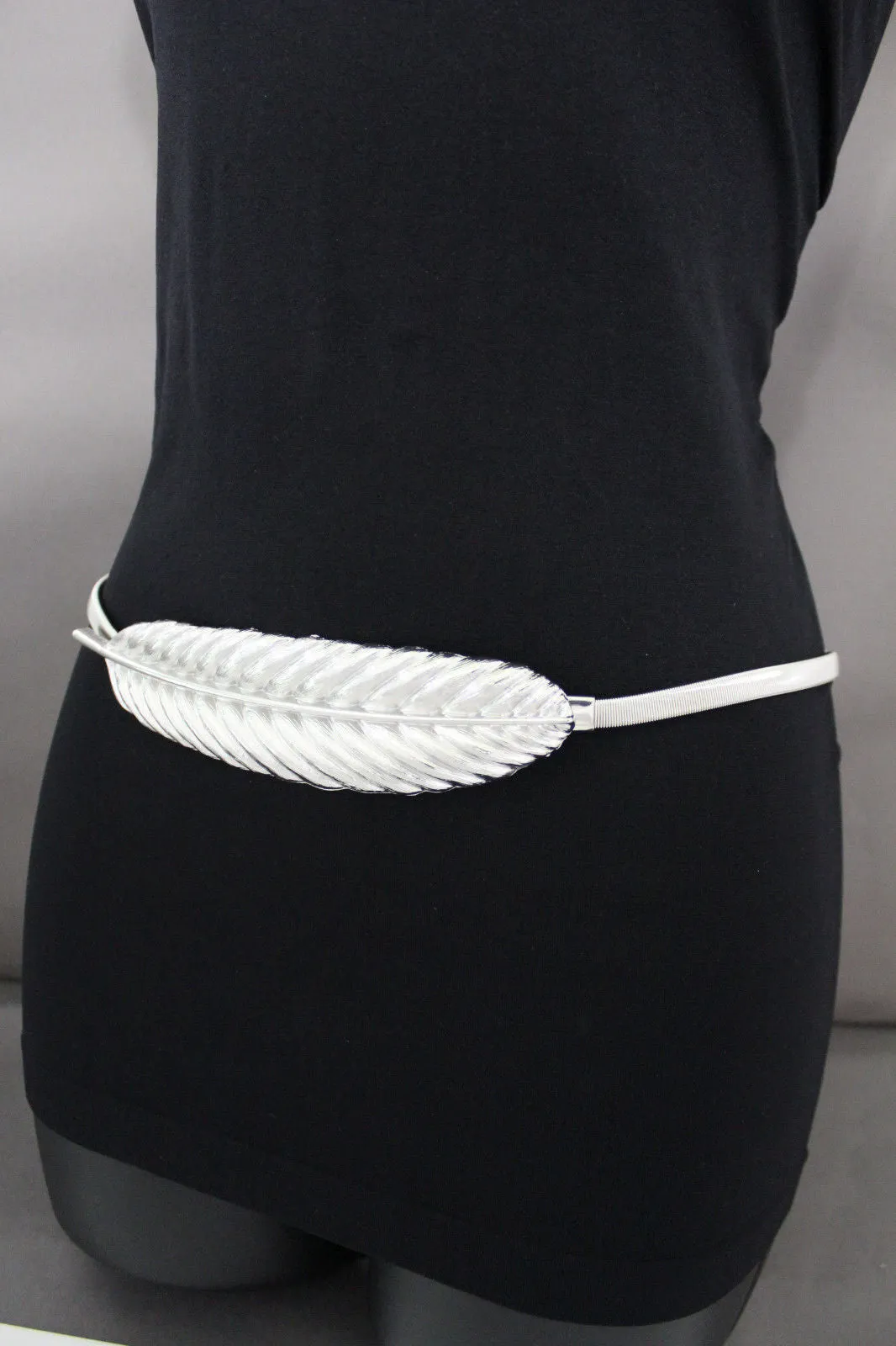 Gold Silver Metal Band Elastic Stretch Narrow Sexy Belt Long Leaf Buckle S M L