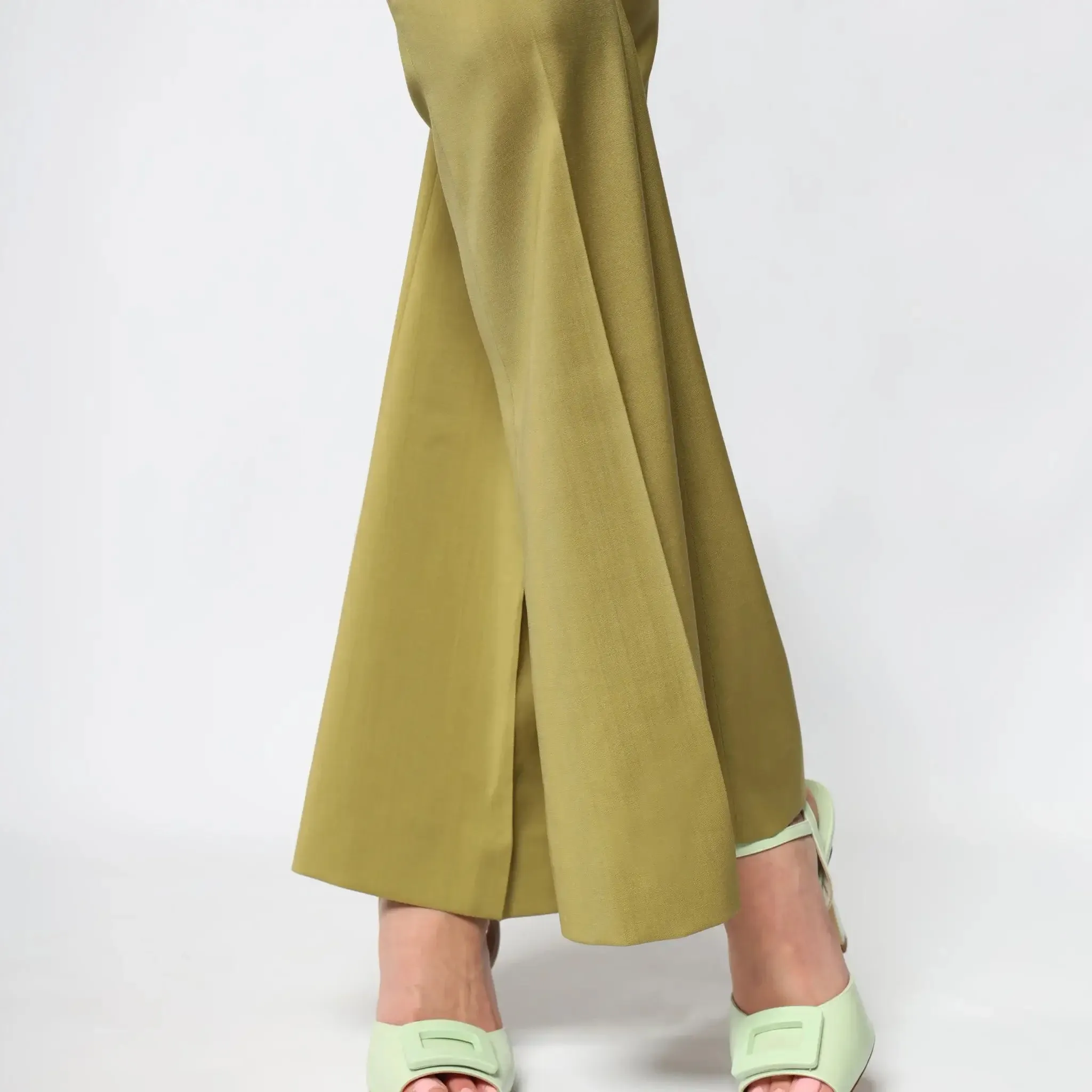 Green Italian Wool Flared Leg Women's Trousers