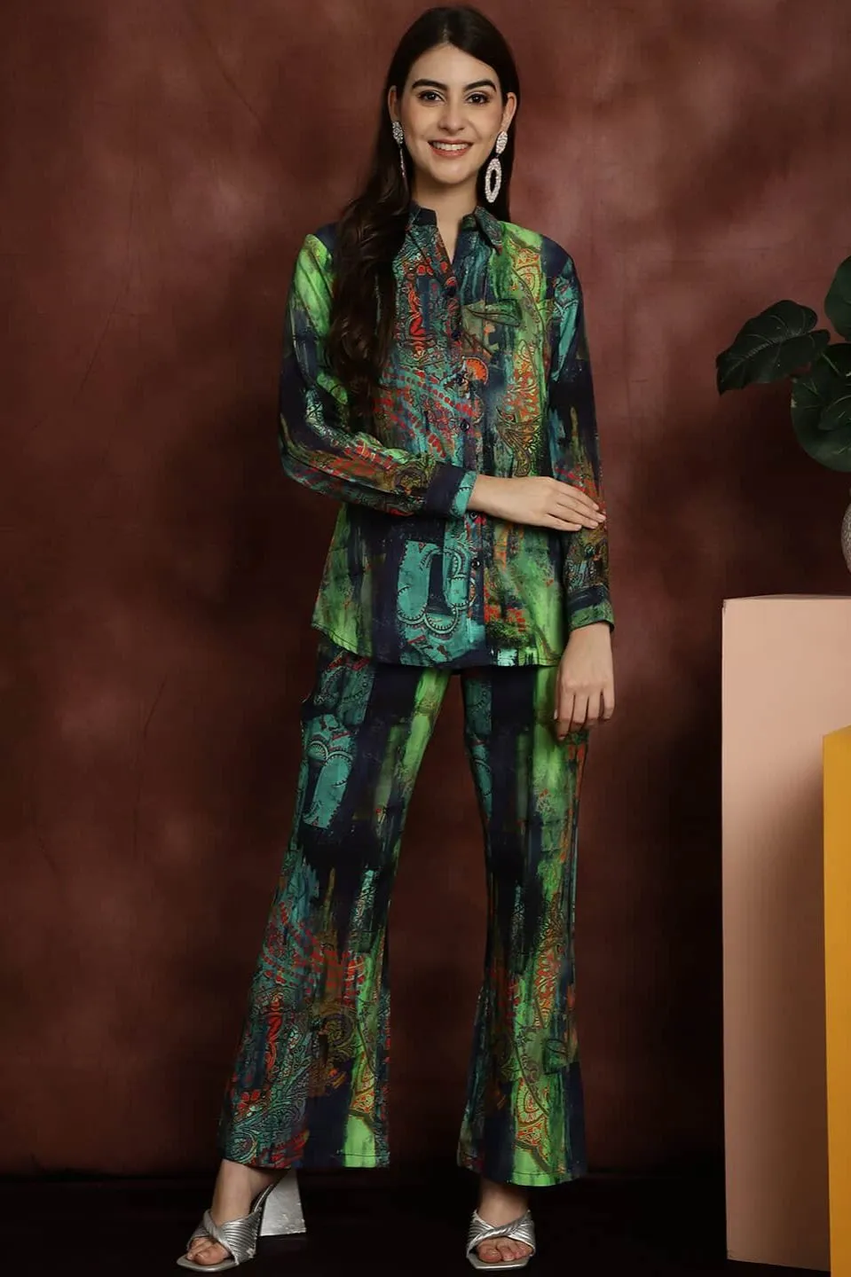 Green Printed Shirt with Trousers Co-Ord Set for Women | S-XXL | Claura