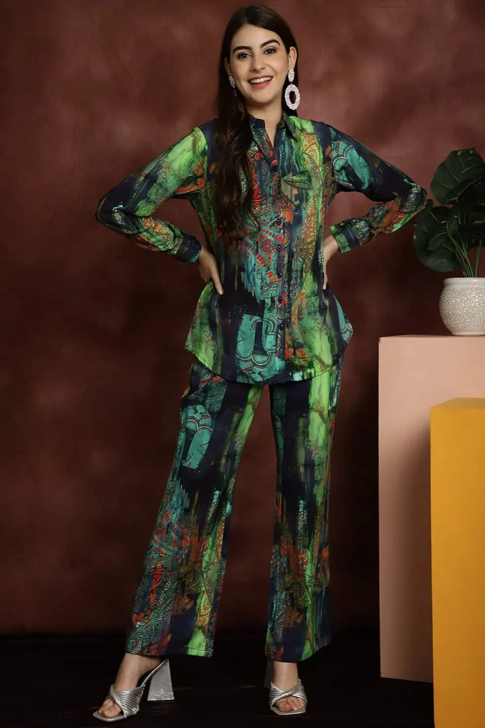 Green Printed Shirt with Trousers Co-Ord Set for Women | S-XXL | Claura