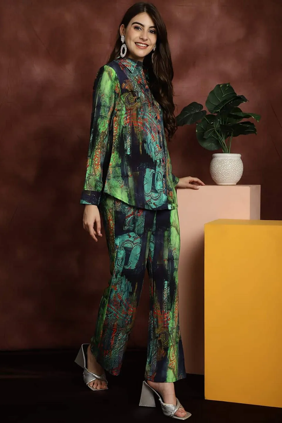 Green Printed Shirt with Trousers Co-Ord Set for Women | S-XXL | Claura
