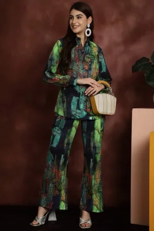Green Printed Shirt with Trousers Co-Ord Set for Women | S-XXL | Claura