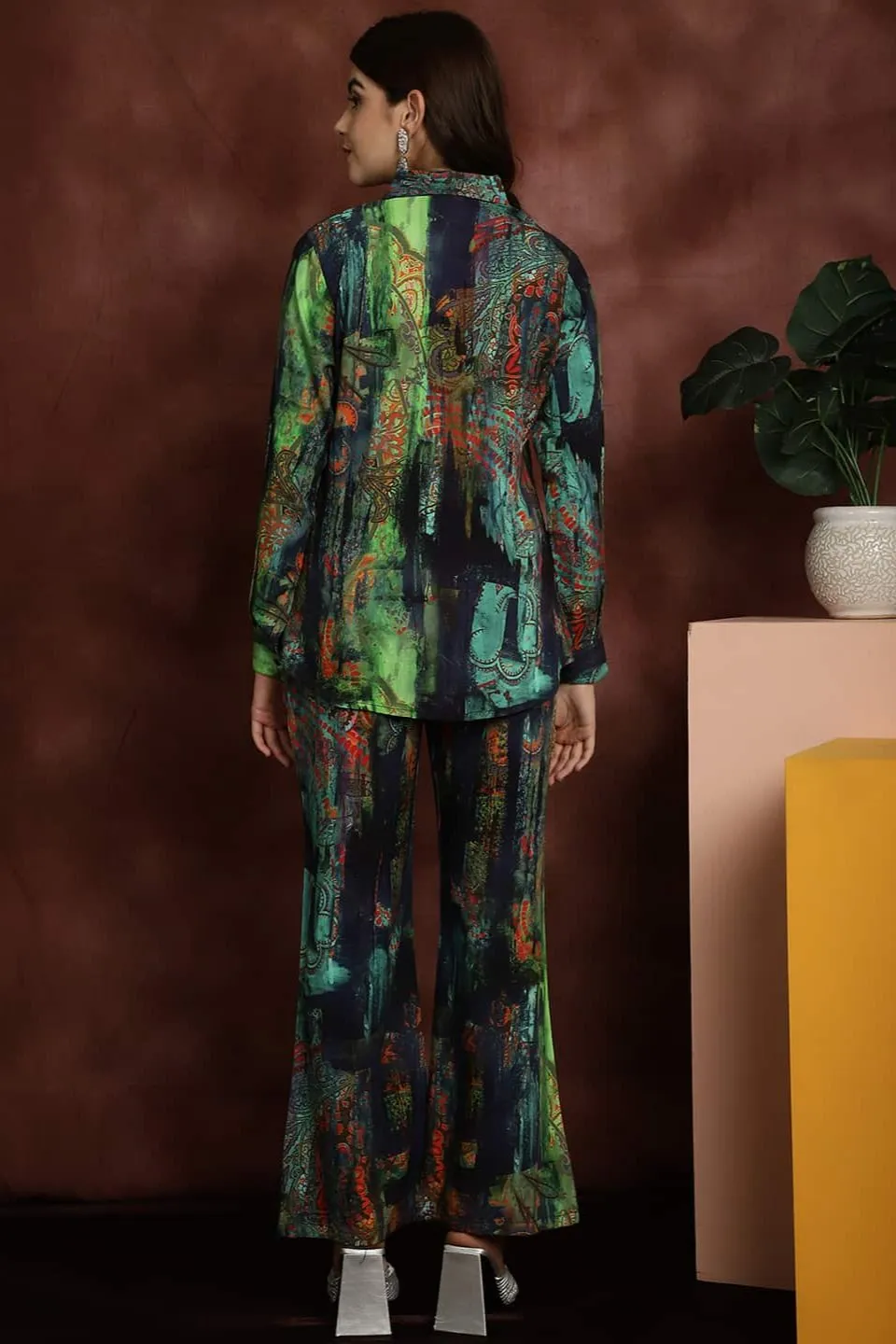 Green Printed Shirt with Trousers Co-Ord Set for Women | S-XXL | Claura