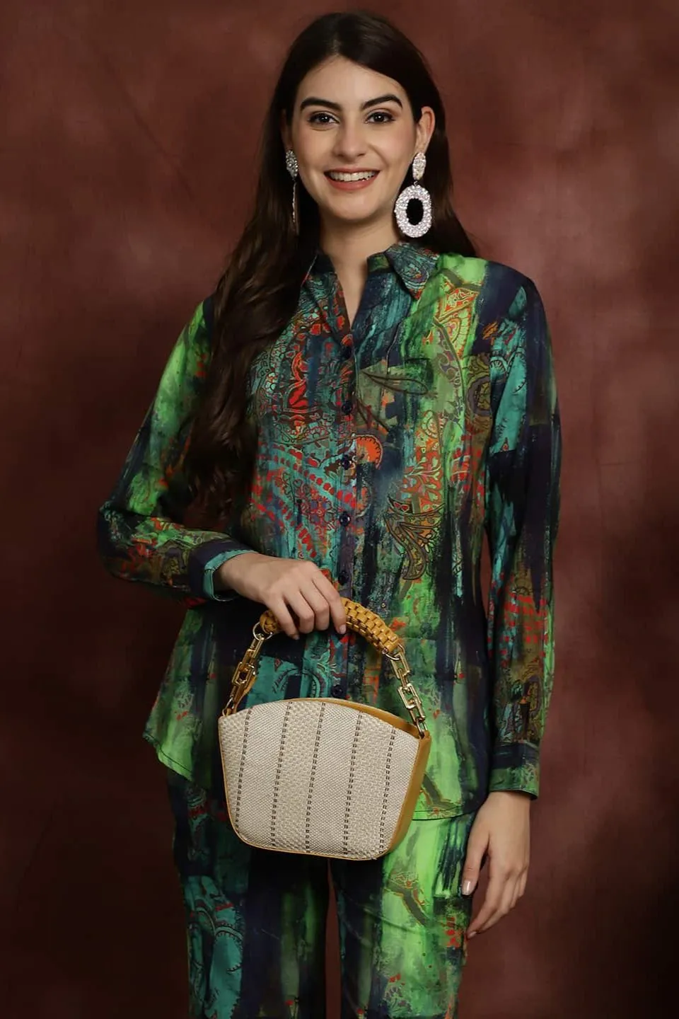 Green Printed Shirt with Trousers Co-Ord Set for Women | S-XXL | Claura