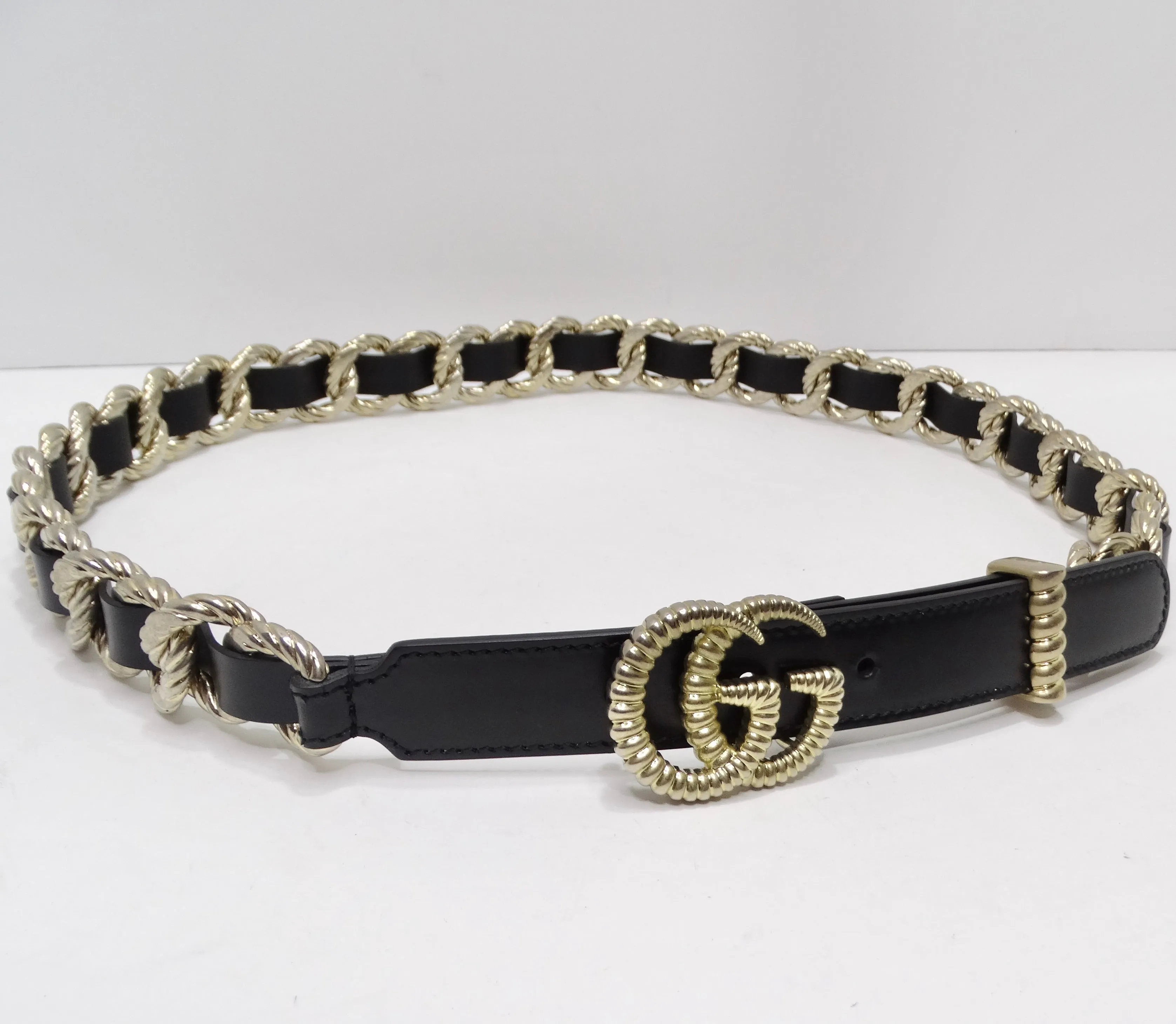 Gucci Calfskin Torchon Double G Chain Black Leather Belt