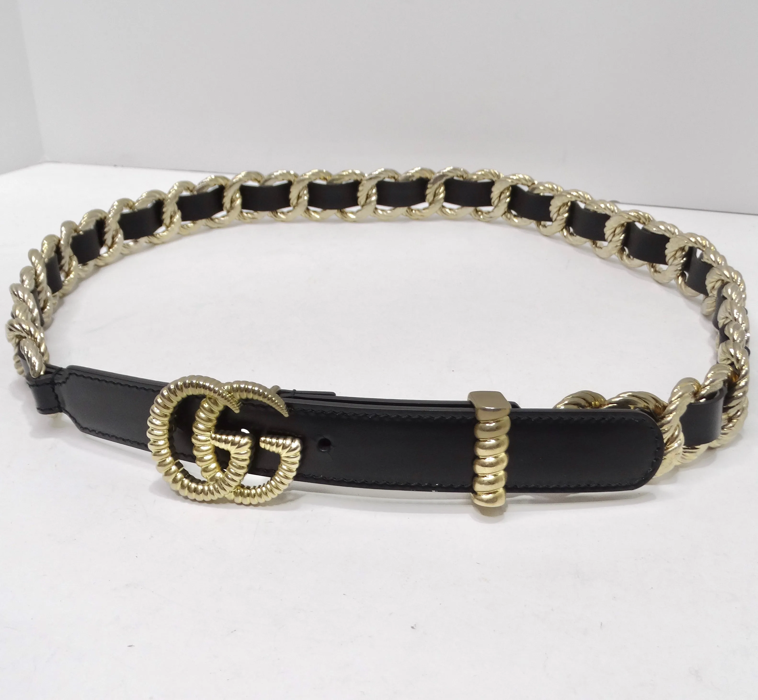 Gucci Calfskin Torchon Double G Chain Black Leather Belt