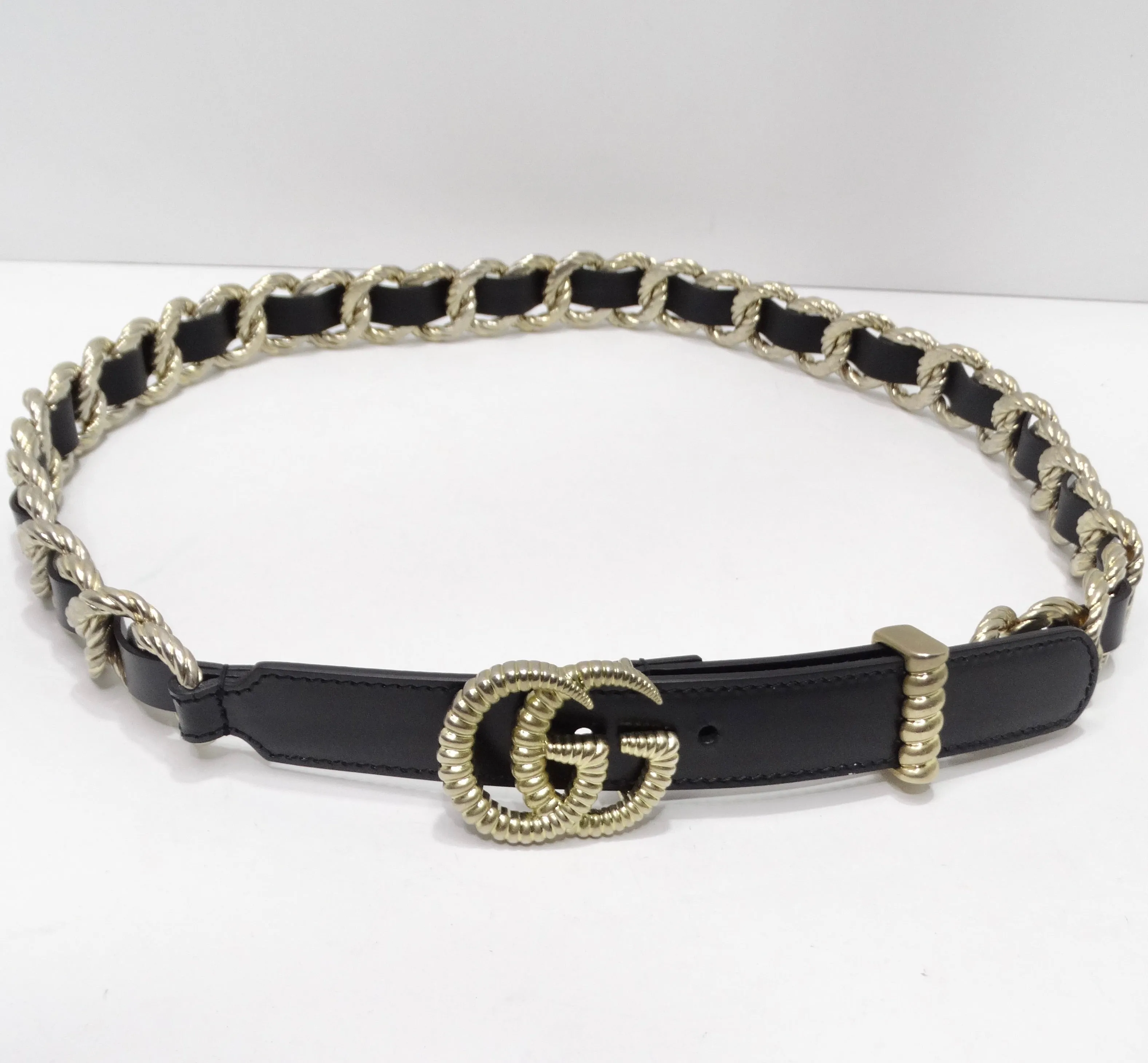 Gucci Calfskin Torchon Double G Chain Black Leather Belt