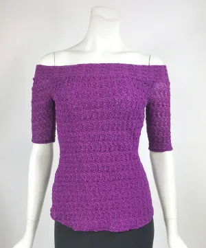 GWYNETH Puckered Off-Shoulder Elbow Length Sleeve Top Magenta with Black