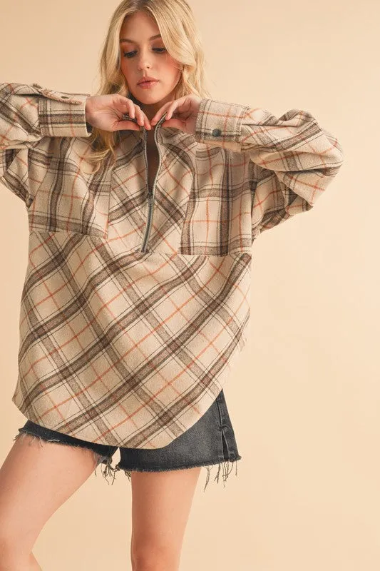 Hazel Blues® |  Aemi   Co Slit Plaid Half Zip Drop Shoulder Top